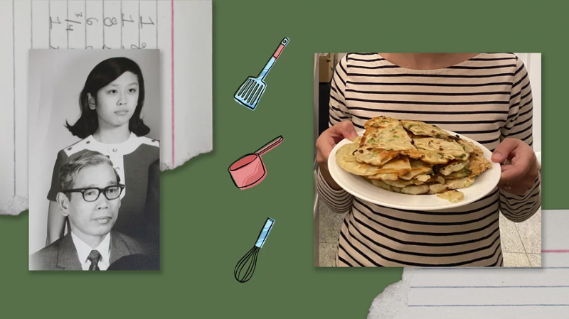 A family phot beside a plate of scallion pancakes