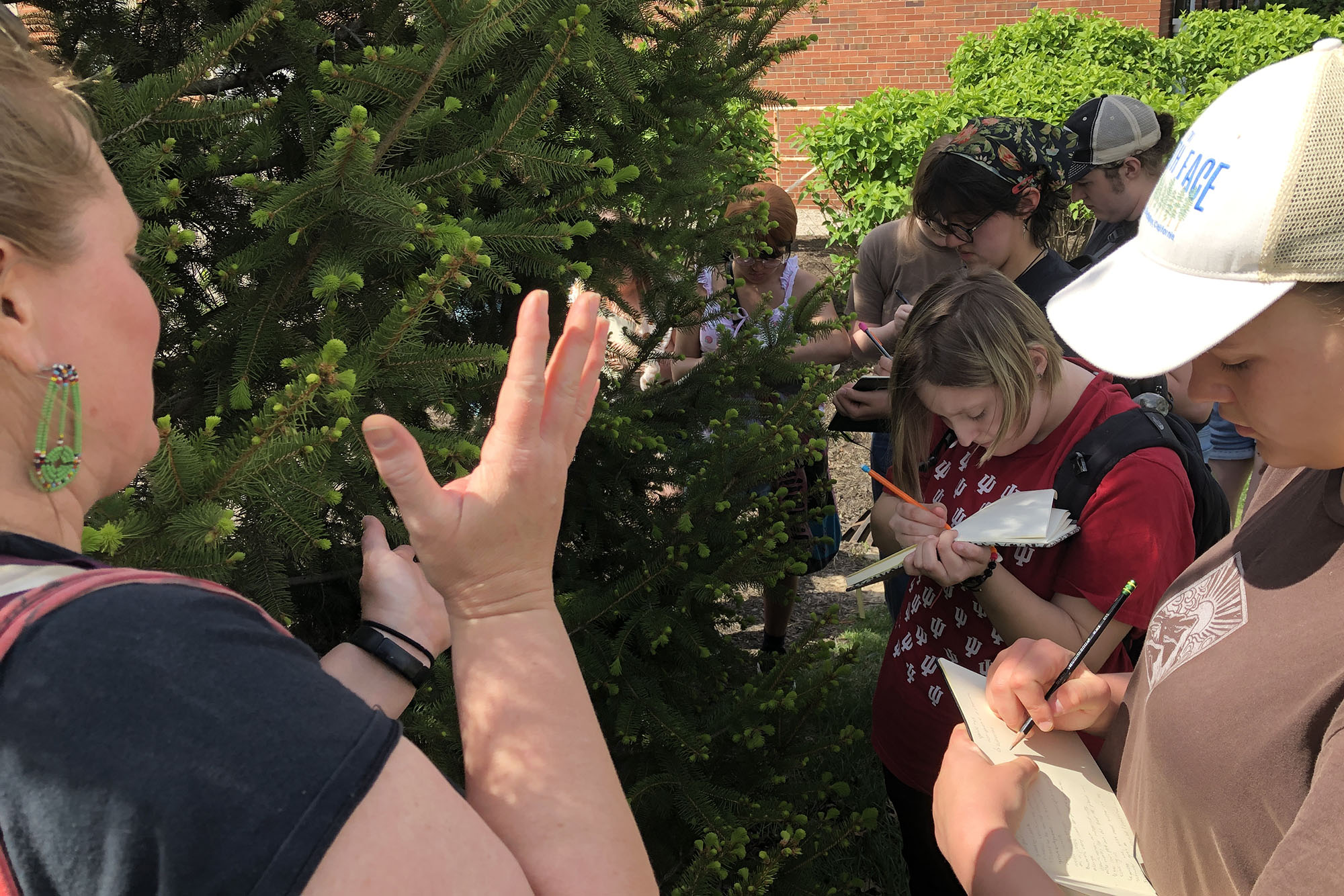 woman in front of an evergreen tree with bright green tips gesturing to people who are infront of tree writing in notebooks