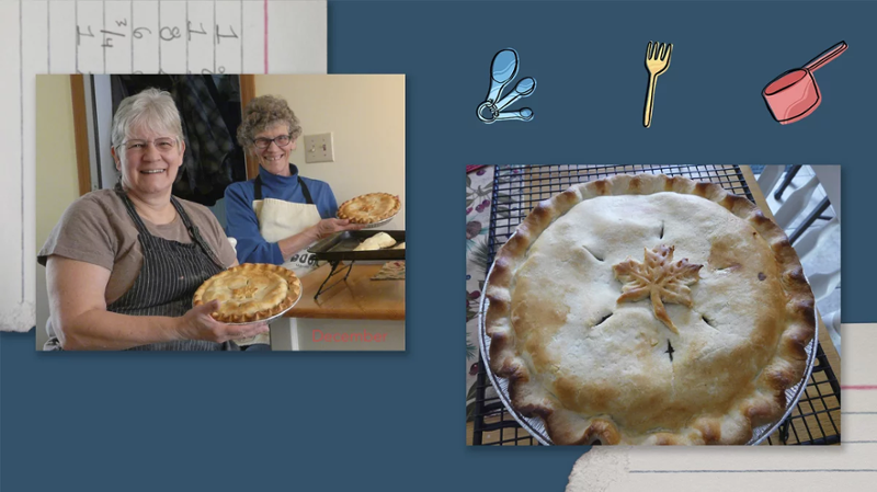 Left: Mona Grandbois and her sister Doris Adeline Grandbois Ray. Right: Tourtière, a French Canadian pork pie.