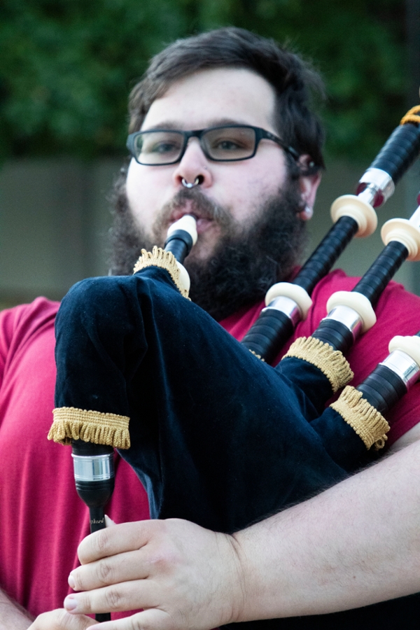 Joe Diodato, a member of the Bloomington Pipers' Society, plays a tune on his Highland bagpipes.