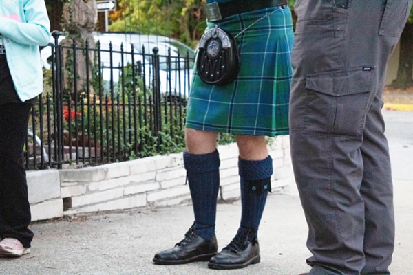 Angus Burke, founder of The Bloomington Piper's Society, wearing the traditional Scottish kilt. 