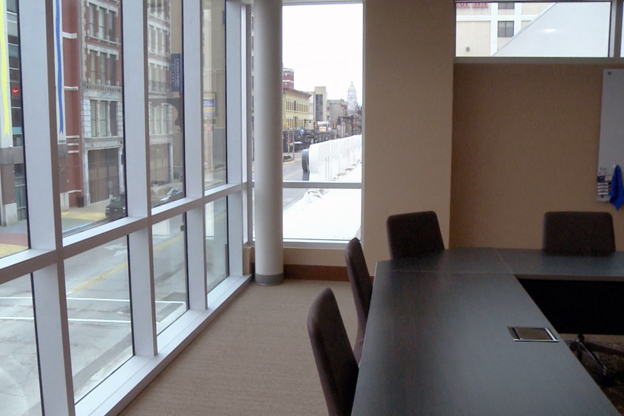 A meeting room in the new Terre Haute Convention Center overlooks Wabash Ave. and the county courthouse.