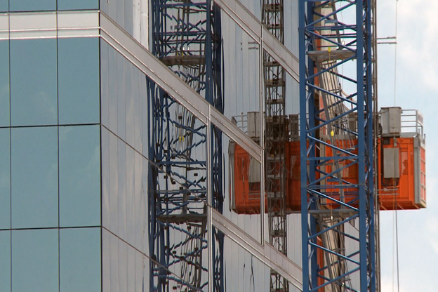 Workers are busy enclosing the casino so work can be done inside during the winter months.