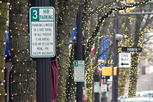 Holiday lights fill downtown trees along Washington St. in Columbus.