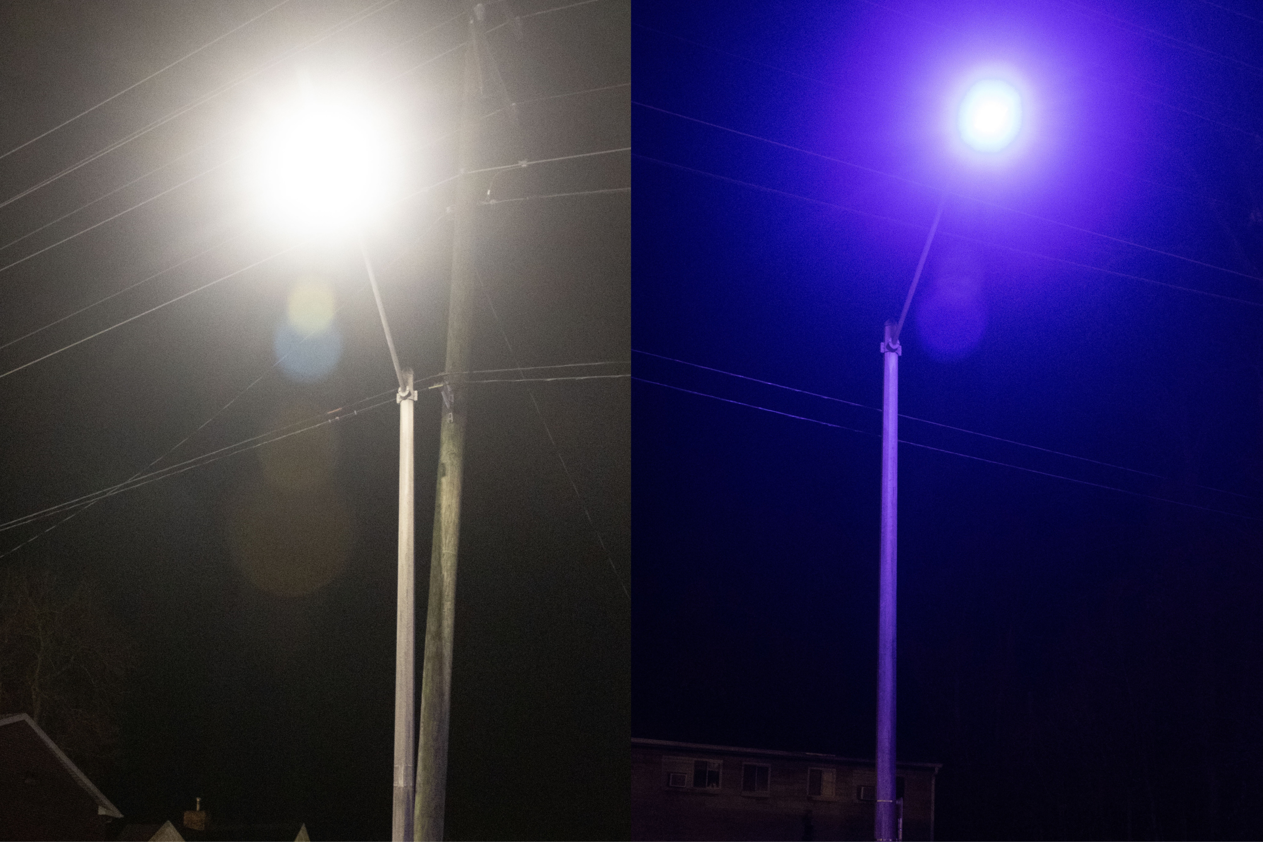 blue streetlight vs white streetlight on Atwater