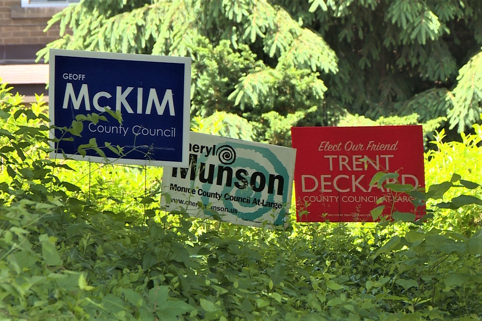 Campaign signs in a yard before the 2020 Indiana Primary election.