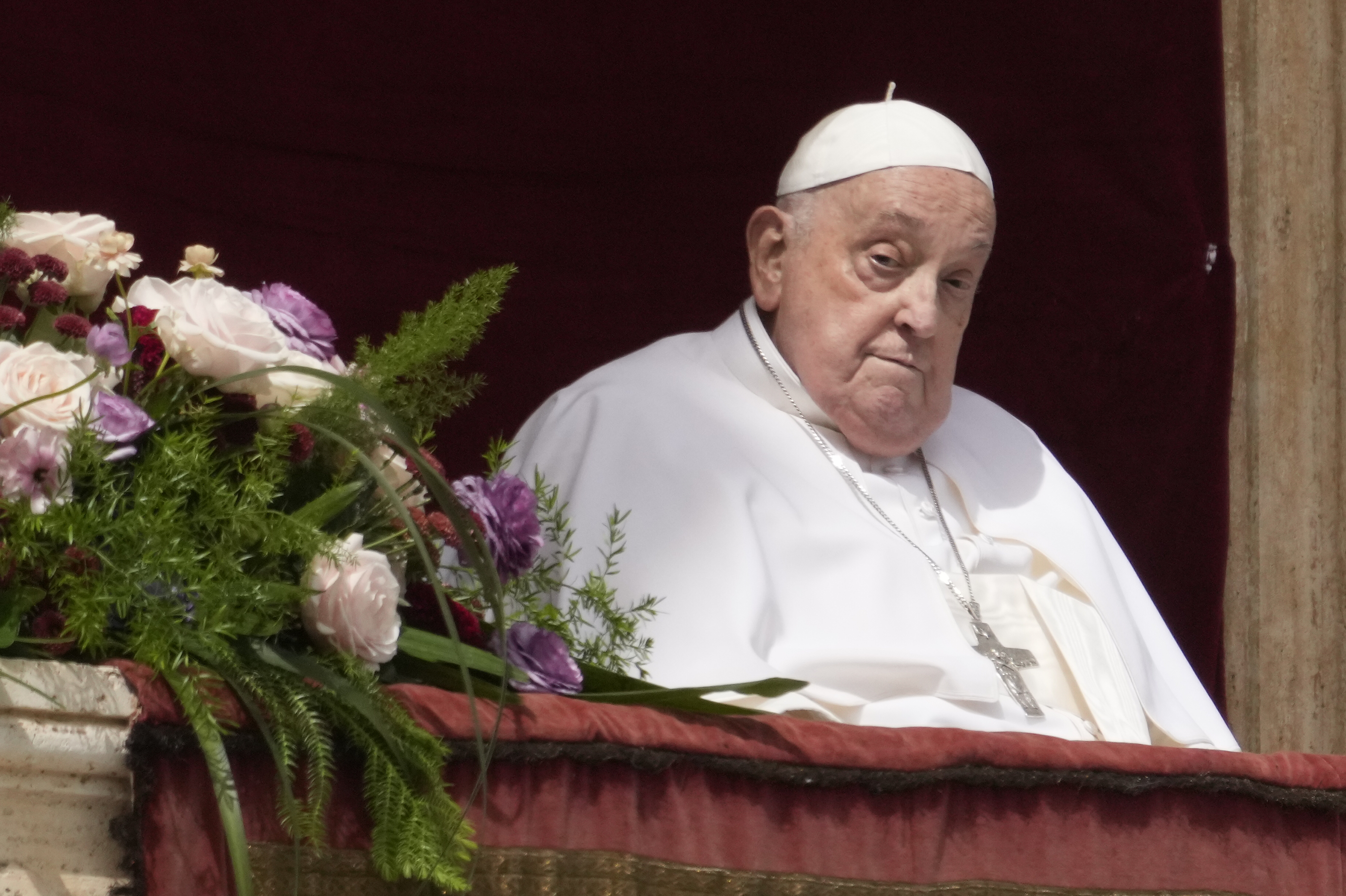 AP OK - Pope Francis to bestow a blessing at the end of the Easter mass at the Vatican April 20, 2025. (AP Photo/Gregorio Borgia)