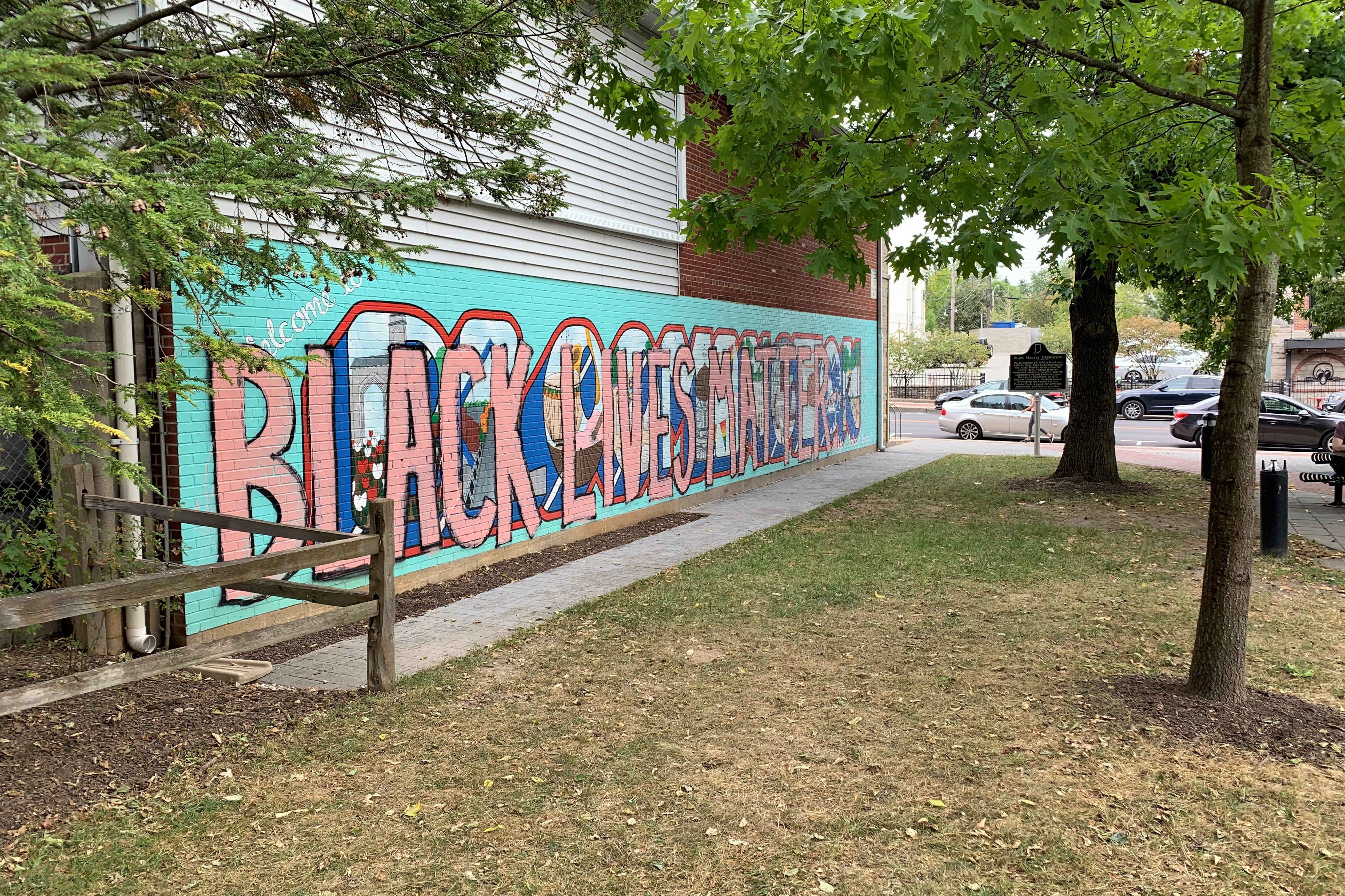 A photo of "Black Lives Matter" painted on a building in downtown Bloomington.