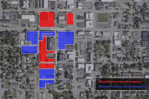 A map from 2022 shows property owned by the county and city around the convention center. This map includes an updated edit with a 2023 sale to the city.