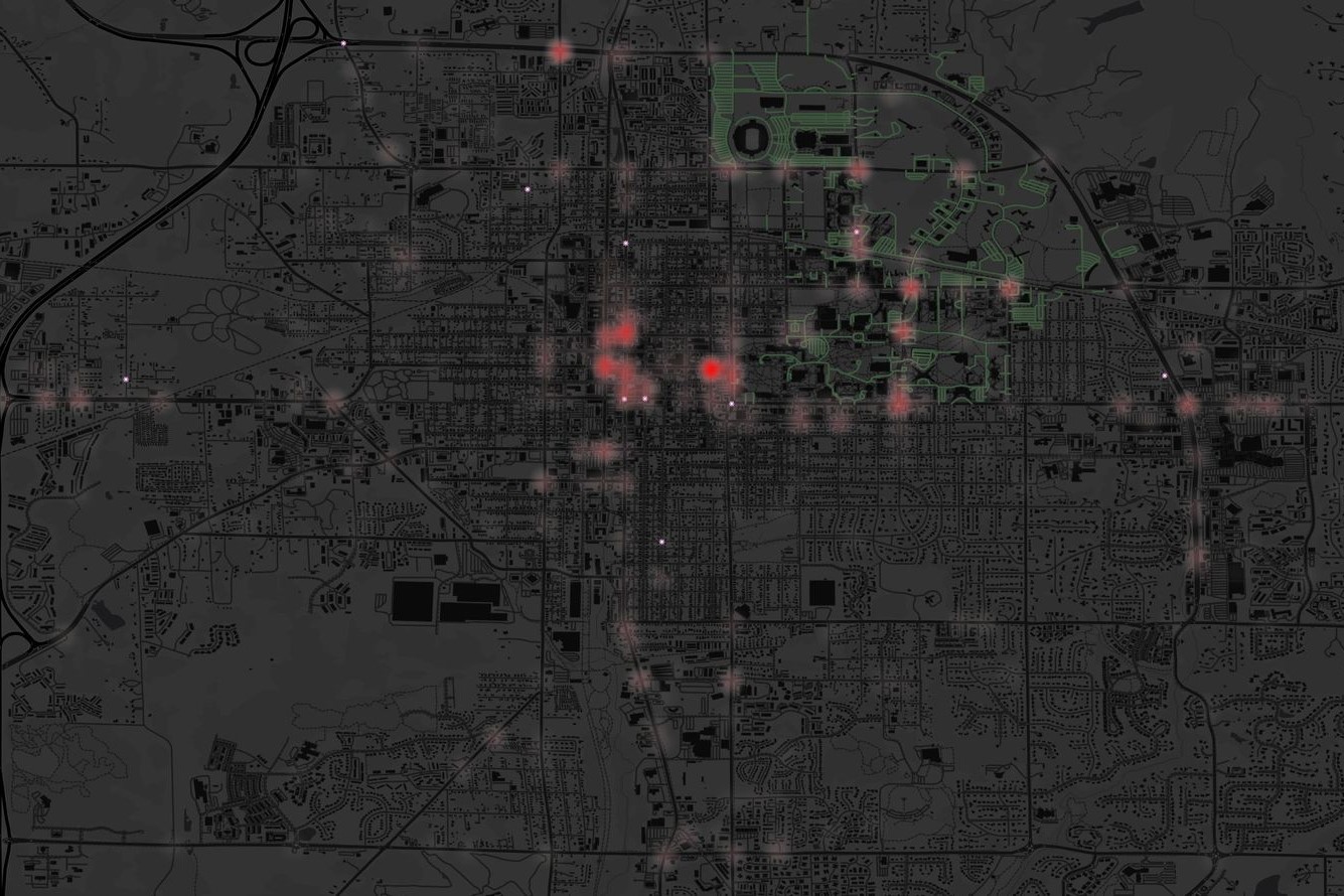 Heatmap of crashes involving pedestrians in Bloomington, Indiana