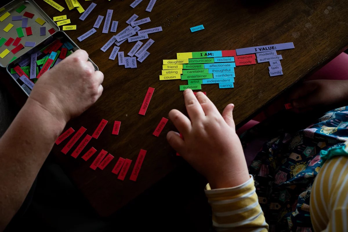 Twelve-year-old G does a word association exercise with her mom, Amy Cupp.