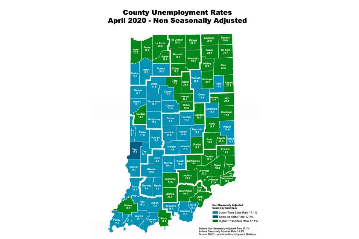 Unemployment rates for Indiana counties in April 2020.