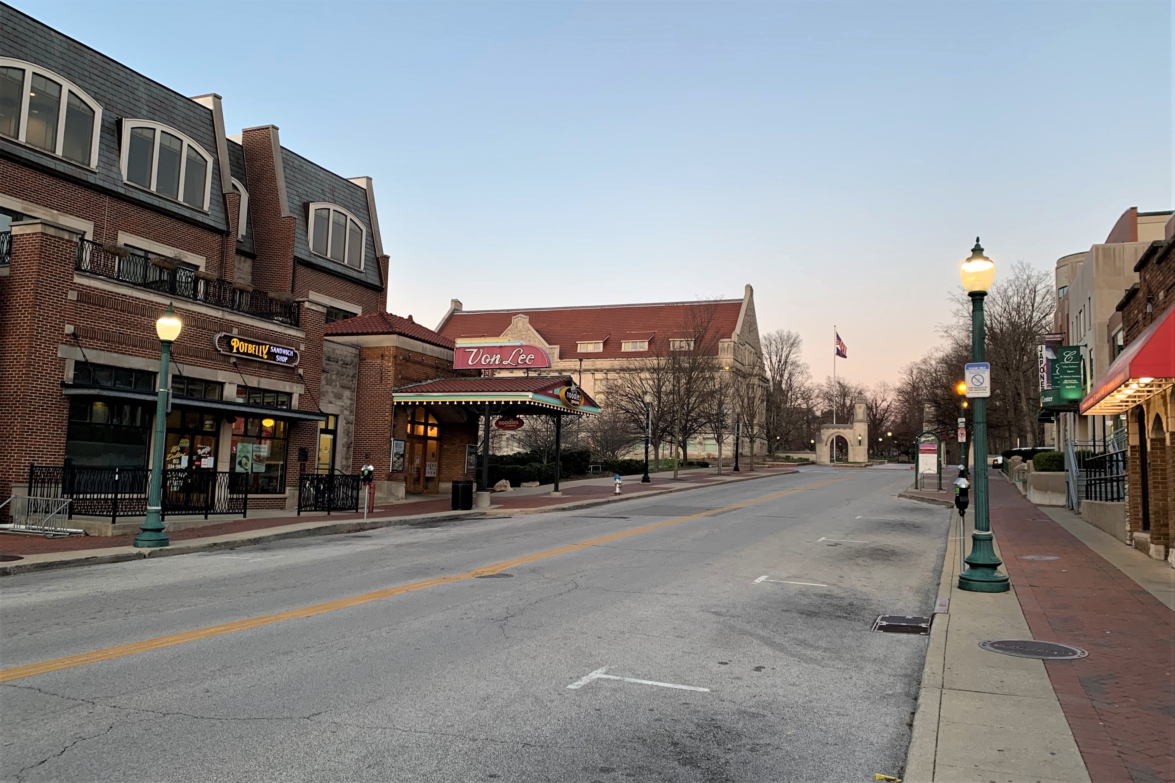 Kirkwood Ave. near IU's campus is devoid of cars one day before Gov. Eric Holcomb's coronavirus Stay-At-Home order will take effect.