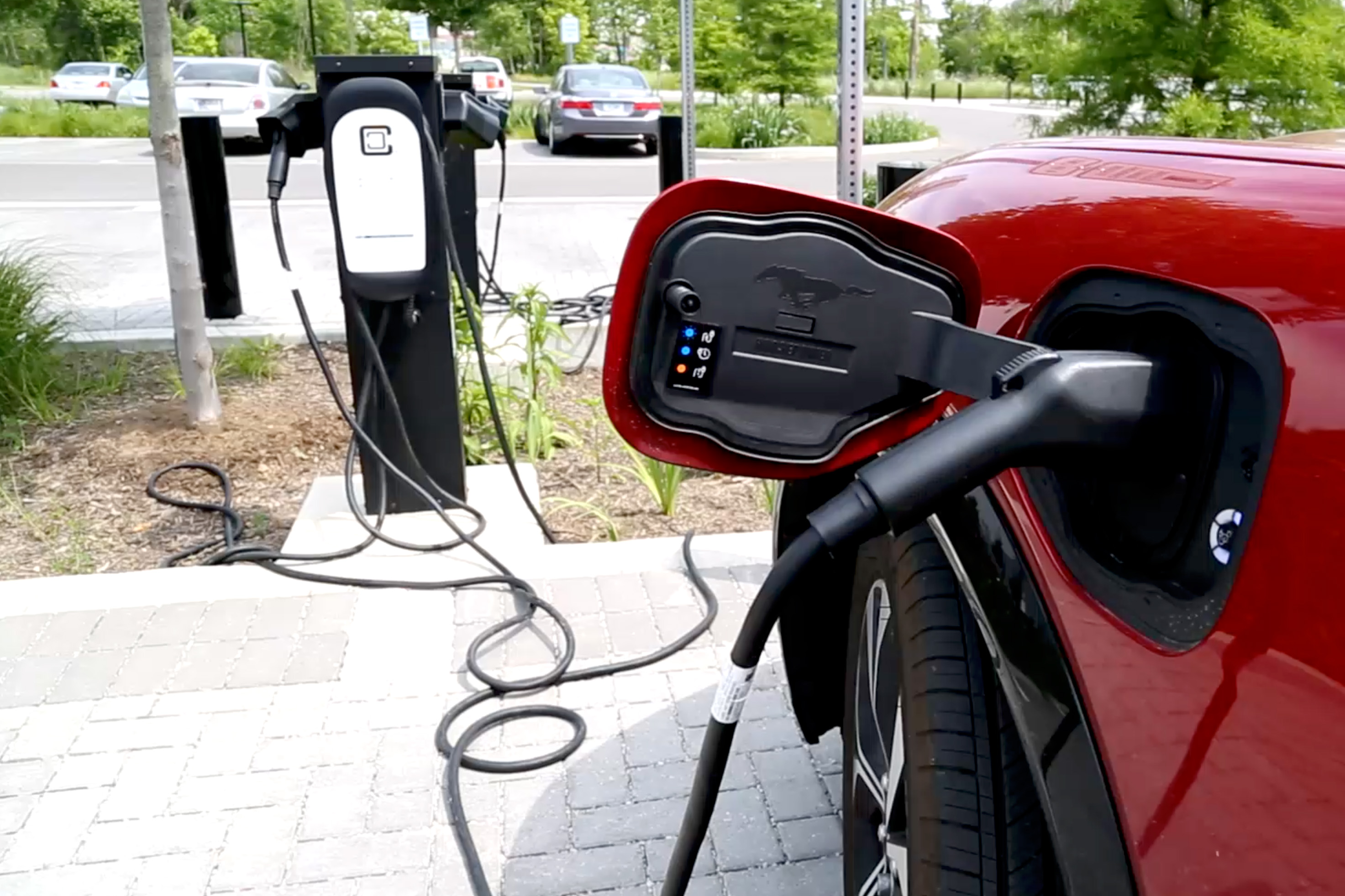 An electric vehicle charging station at Switchyard Park.