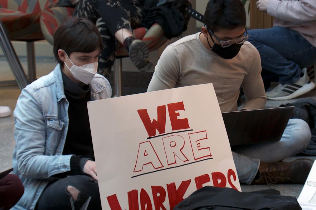 graduate workers at a work-in in Franklin Hall