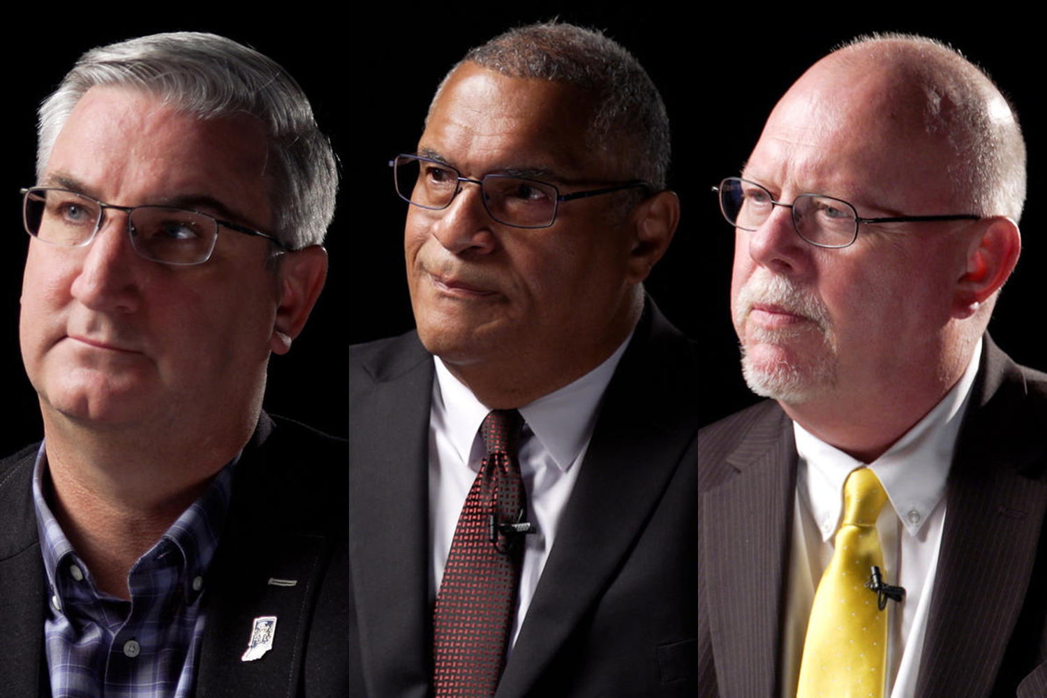 (L-R) Gov. Eric Holcomb (R), Dr. Woody Myers (D) and Donald Rainwater (L).