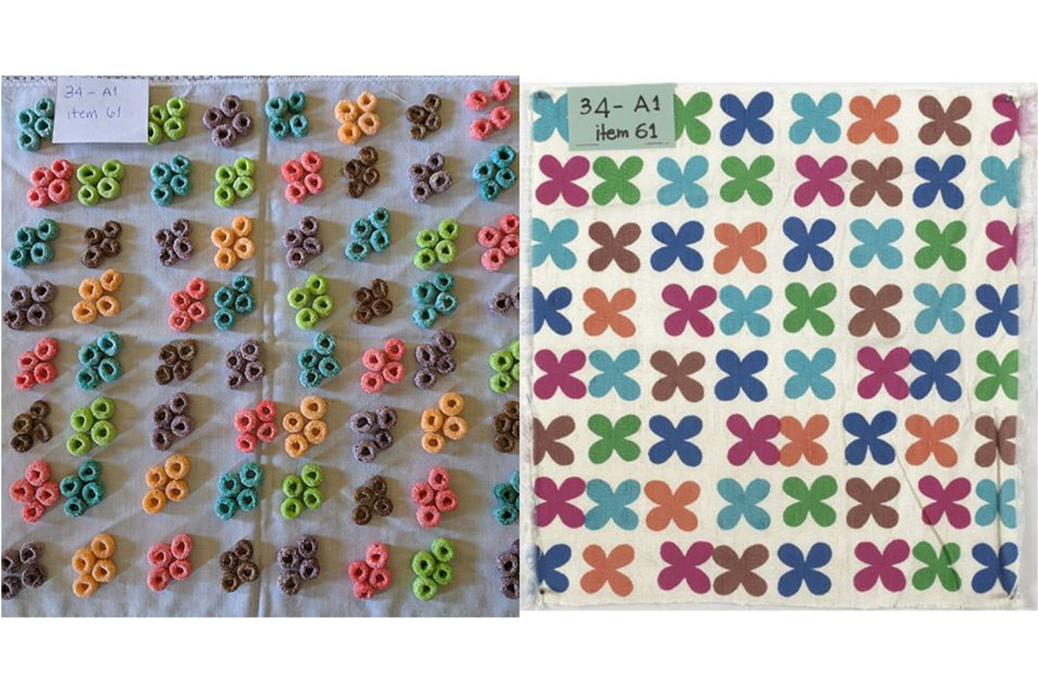 (Right) Herman Miller “Quatrefoil” (#627) by Alexander Girard, sample (Item No. 61) for Girl’s Bedroom #2 Curtains, 1955/1957, Miller House (Columbus, Ind.), Miller House and Garden Collection (M003)  (Left) Created by Alba Fernandez-Keys, Newfields