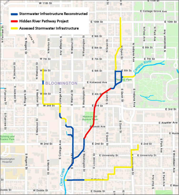 Map of stormwater pipe construction in Bloomington