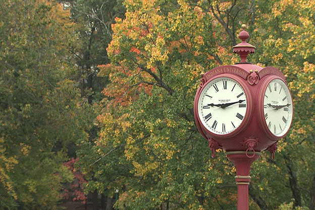 One of the famous red clocks on the Indiana University-Bloomington campus.
