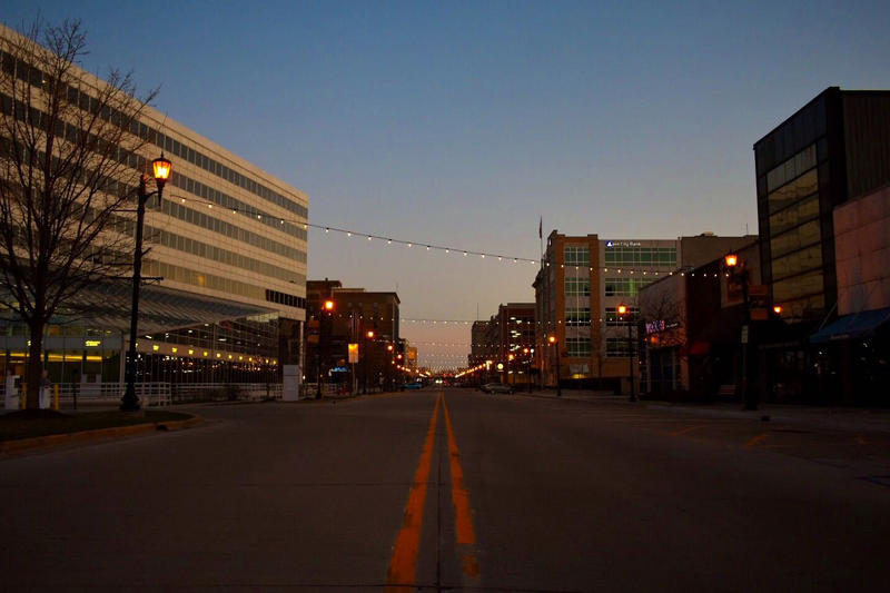 A usually busy street in downtown South Bend is empty due to the COVID-19 pandemic.