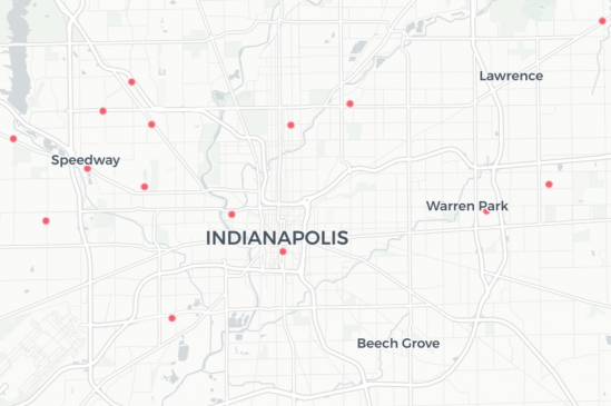 A map showing some of the COVID-19 testing sites in and around Indianapolis.
