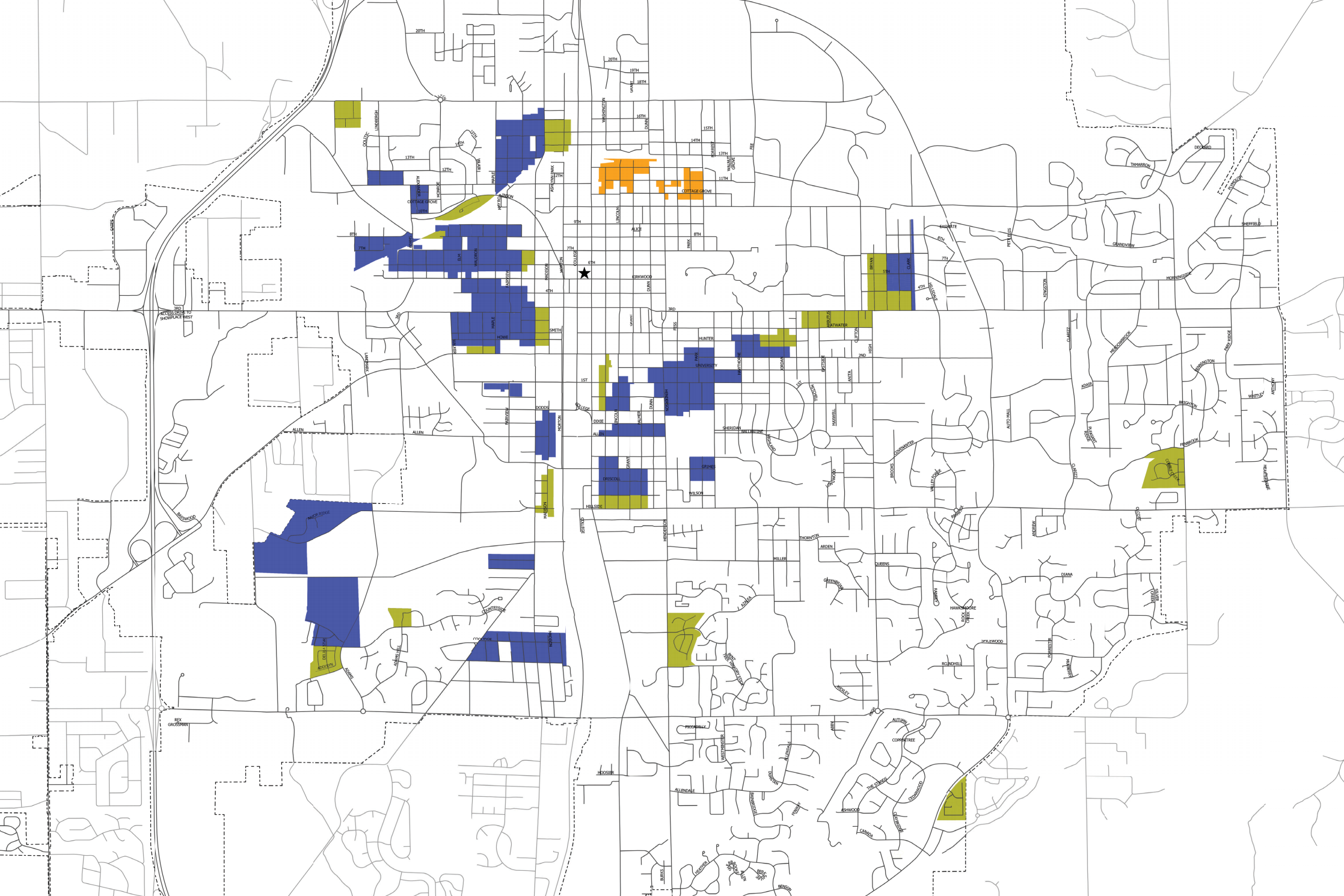 A screenshot of Bloomington's revised UDO map for 2021.