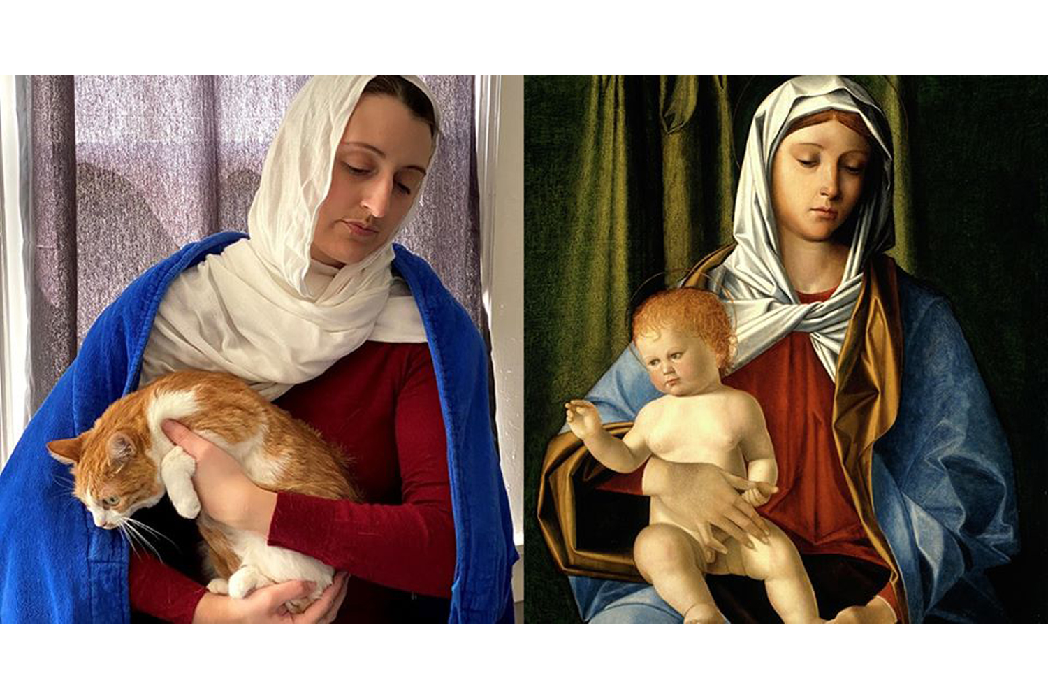 (Right) Nicolò Rondinelli (Italian, 1440-1520), Madonna and Child, about 1500, tempera and oil on panel, 30 x 23-1/8 in. Indianapolis Museum of Art at Newfields, James E. Roberts Fund, 24.6. (Left) Created by Lauren Lucchesi, Newfields