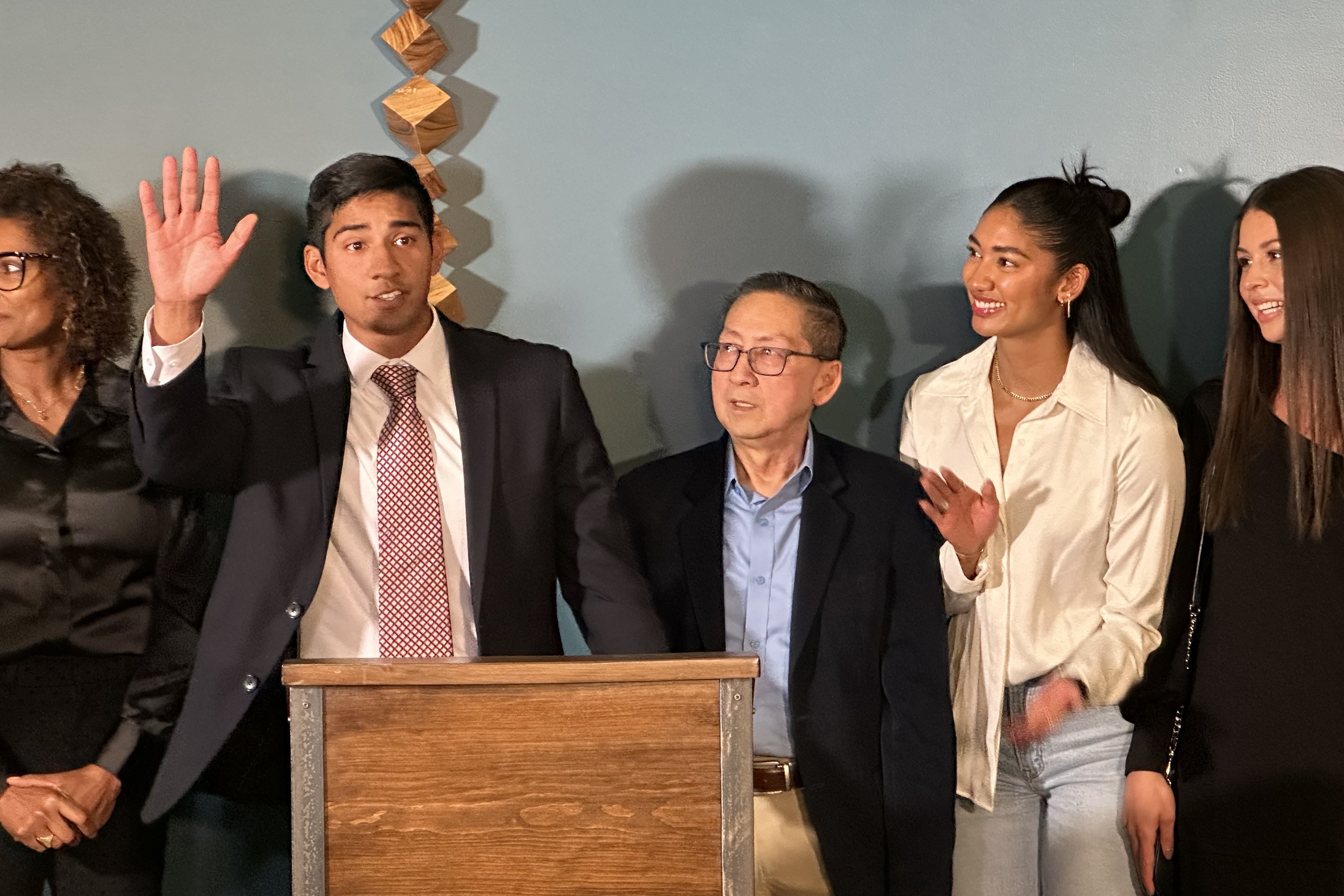 Brandon Sackbun gives victory speech in 2023 municipal election in Terre Haute, Vigo County, on Nov. 7, 2023.