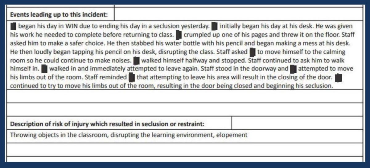 This is a copy of a seclusion report for Swinehart’s son. He was secluded for roughly six hours that day.