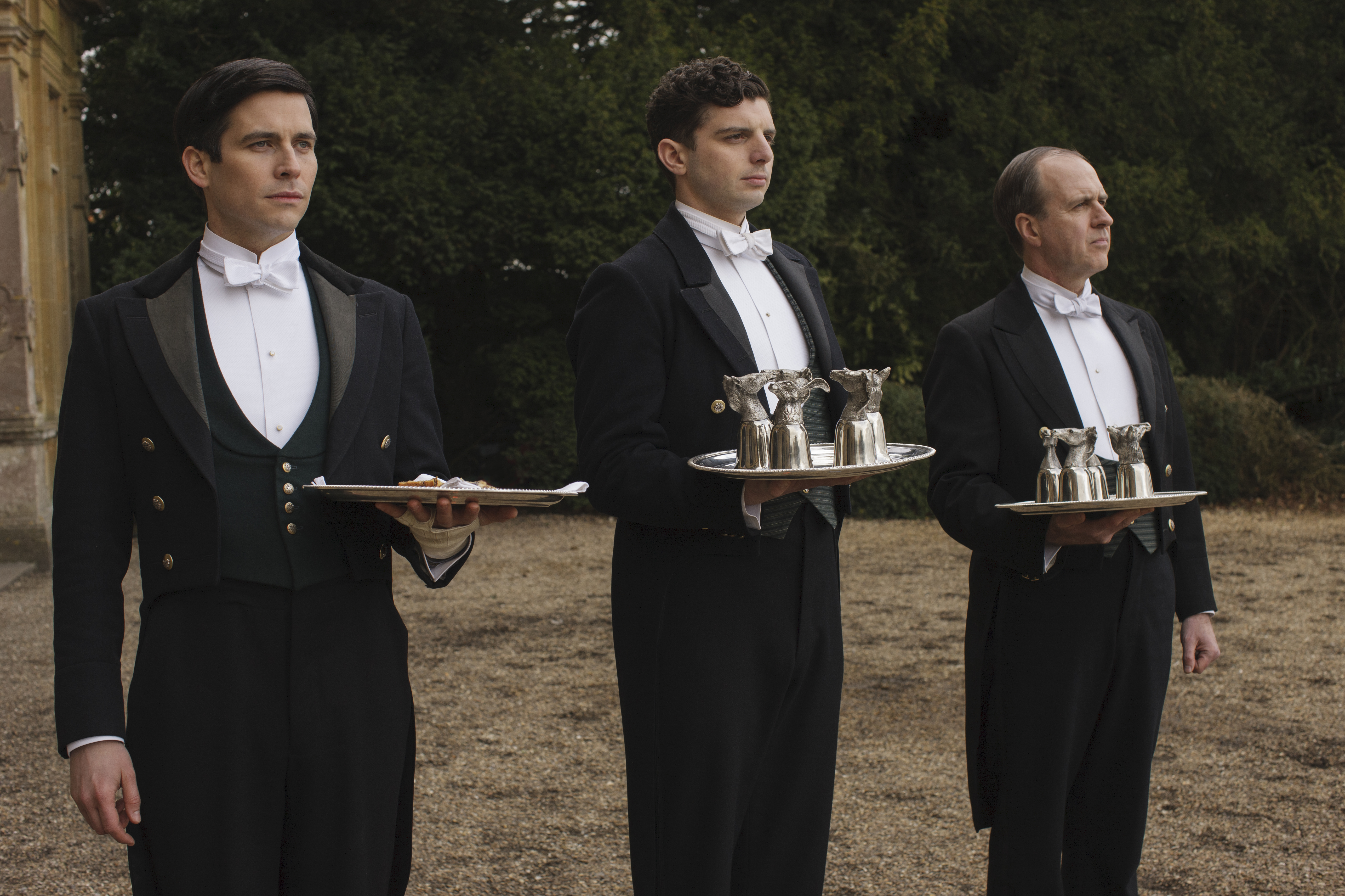  Robert James-Collier as Thomas Barrow, Michael Fox as Andy Parker, and Kevin Doyle as Joseph Molesley.