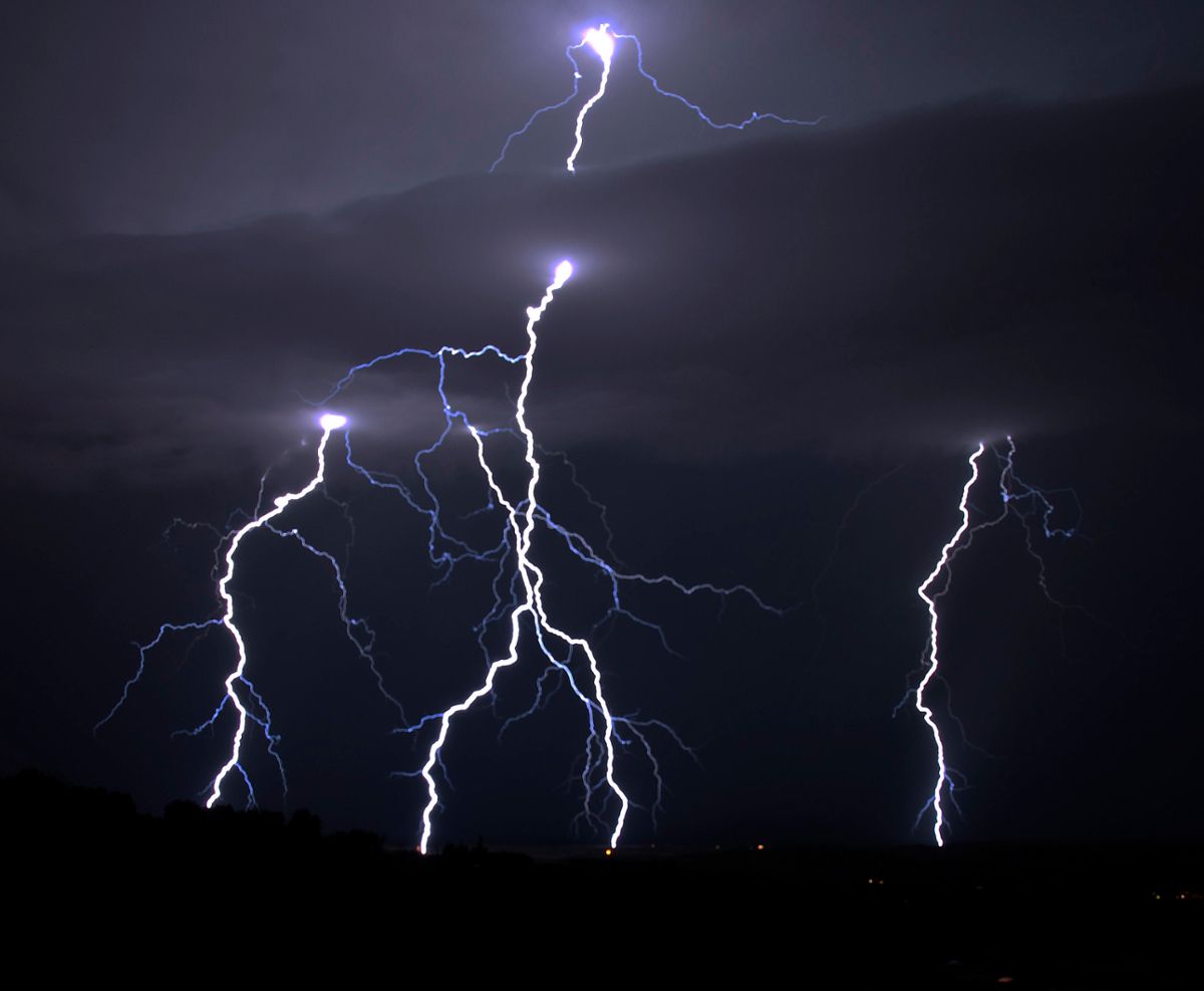 The night sky with several lightning strikes