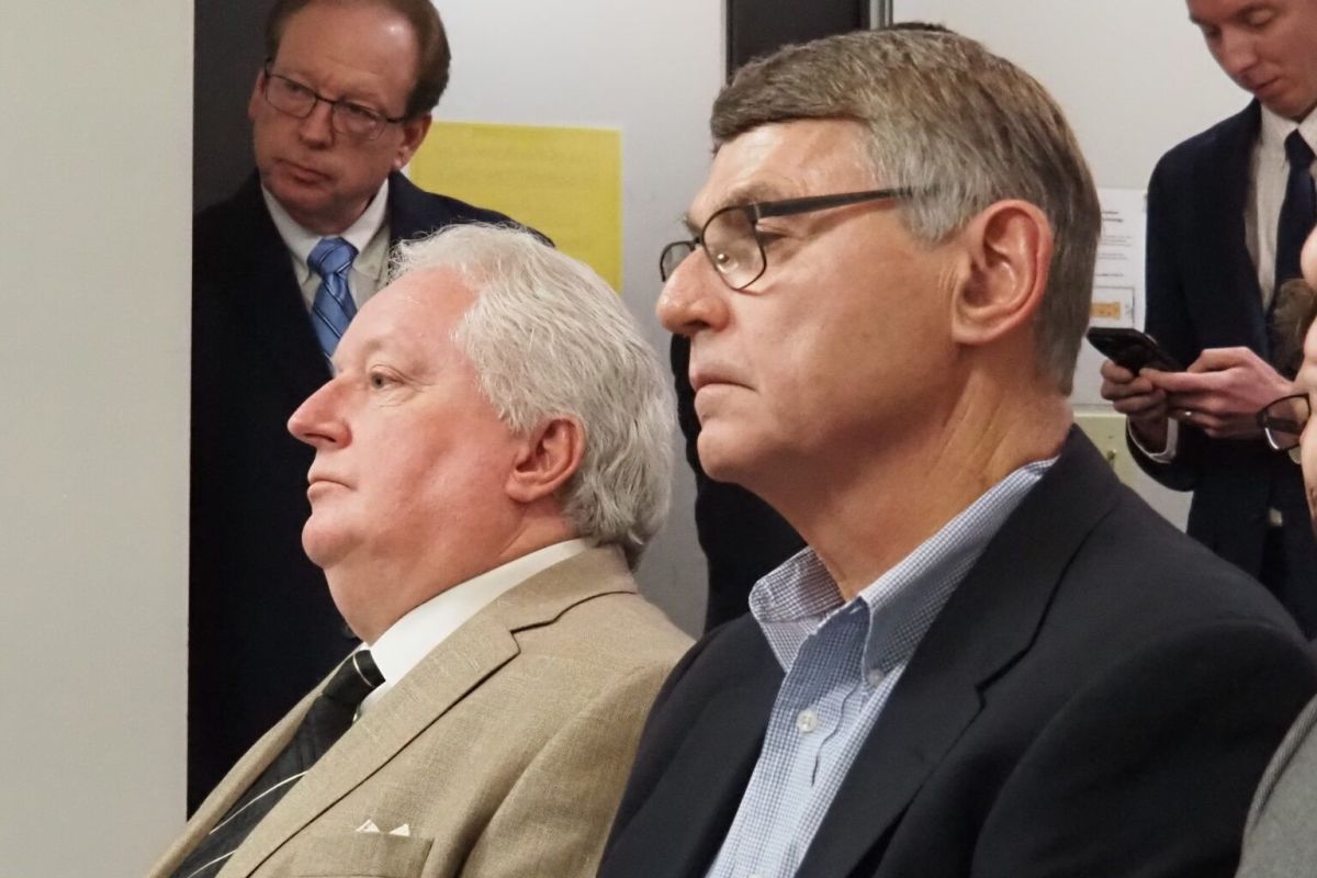 Independent pharmacists Harry Webb, left, and Kp Burkett testified on a PBM bill on March 25, 2025. 