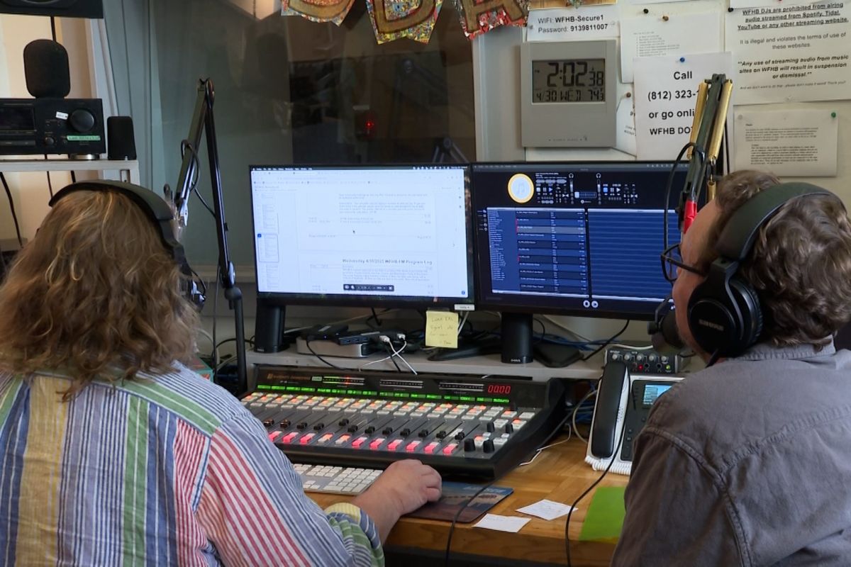 WFHB radio studio April 30, 2025: Left, WFHB Board Member Addison Rogers, right is Buskirk-Chumley Director Steve Versaw