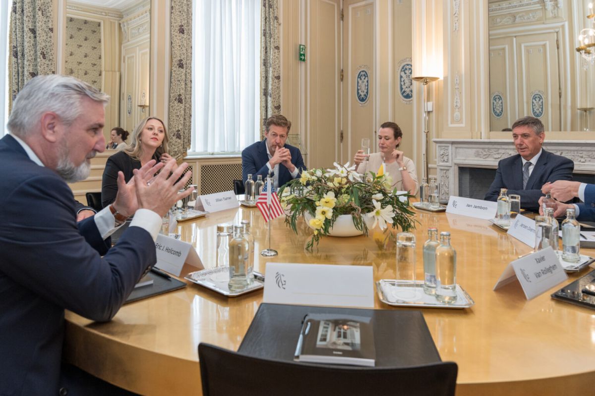 Former Indiana Gov. Eric Holcomb, former IEDC leader David Rosenberg and the Hoosier State’s delegation meet with Flanders Minister-President Jan Jambon on June 4, 2024 in Belgium.