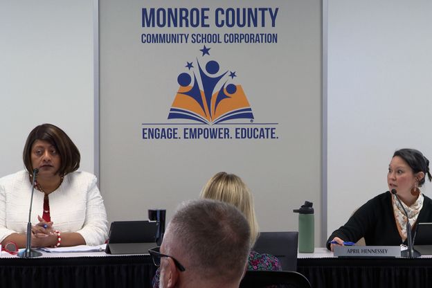 Markay Winston and April Hennessey at Tuesday night's MCCSC meeting