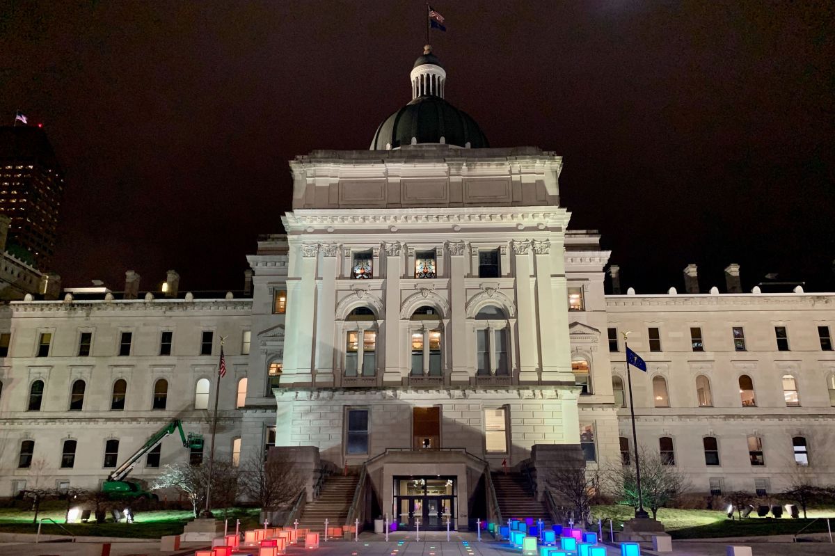 The western exterior of the Statehouse, at night.