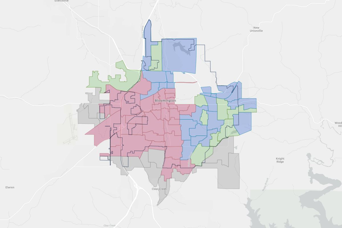 The areas in red represent inactive construction areas. The areas in blue and green represent completed fiber installs and completed projects, respectively. Grey areas represent planning and design sections.