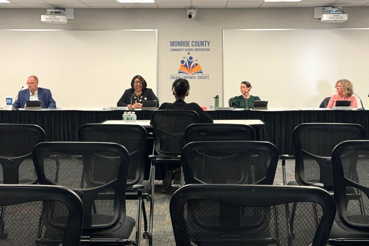 Aja Jester (center) is interviewed by the Monroe County Community School Corporation board.