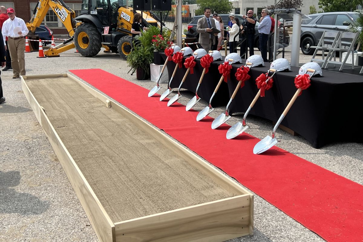 Shovels and a dirt box prepared for Tuesday's groundbreaking ceremony for the convention center expansion.