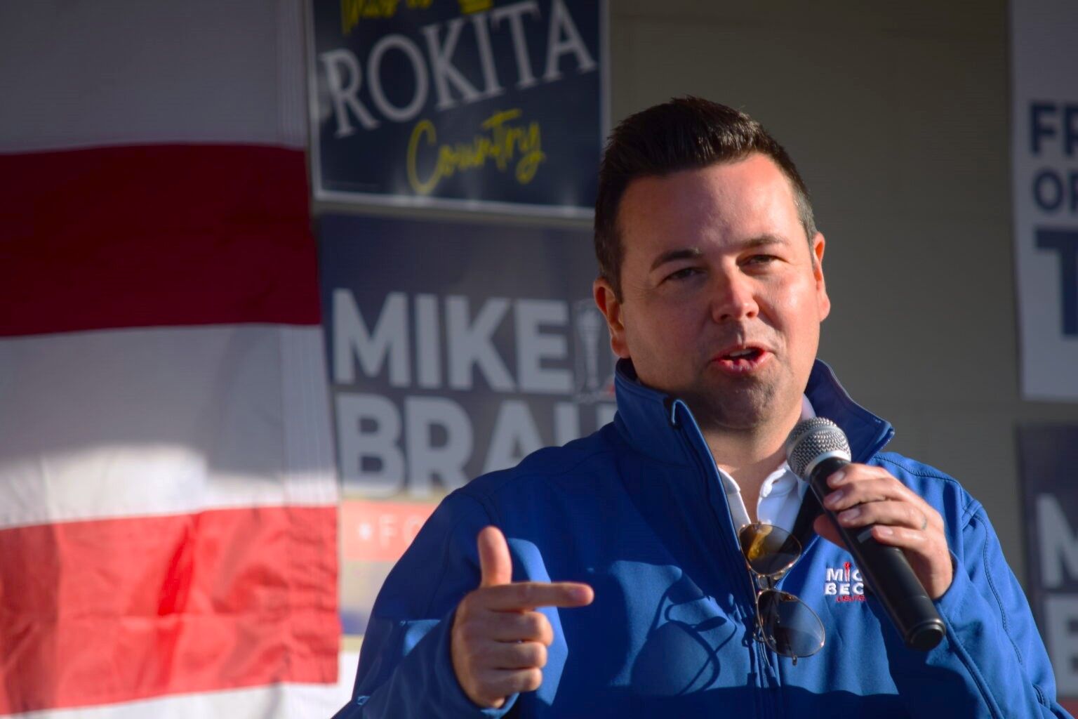 Micah Beckwith, now Indiana's lieutenant governor, speaks to a crowd on Saturday, Oct. 26, 2024, in Greenwood.