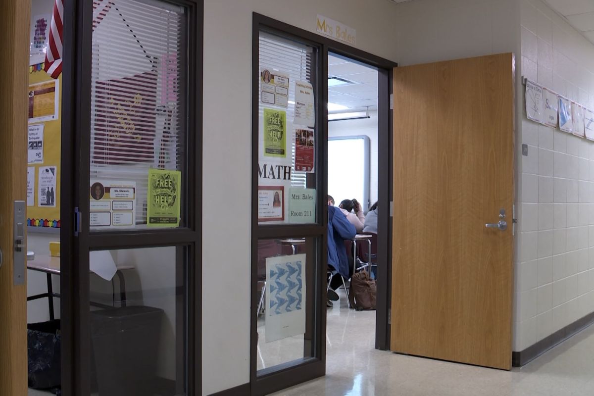 The doorway of a classroom shot from the hallway at Bloomington High School North