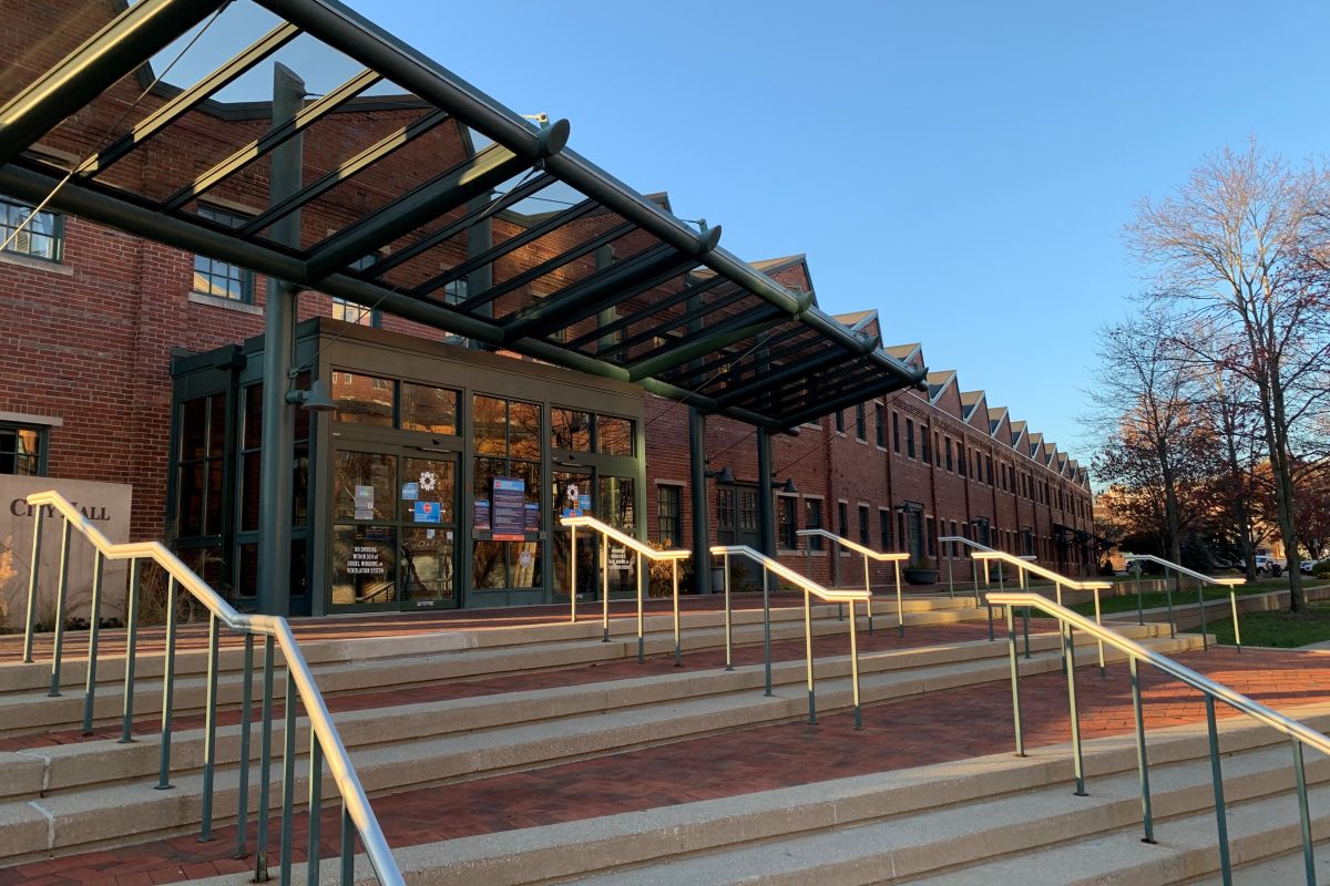 A middle range shot of Bloomington City Hall.