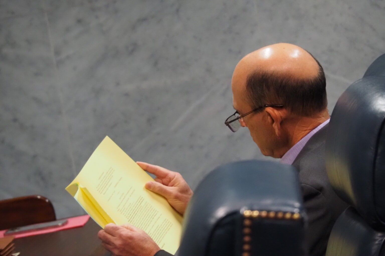 Sen. Gary Byrne, R-Byrneville, reviews paperwork in the Senate chamber on Thursday, Feb. 20, 2025.