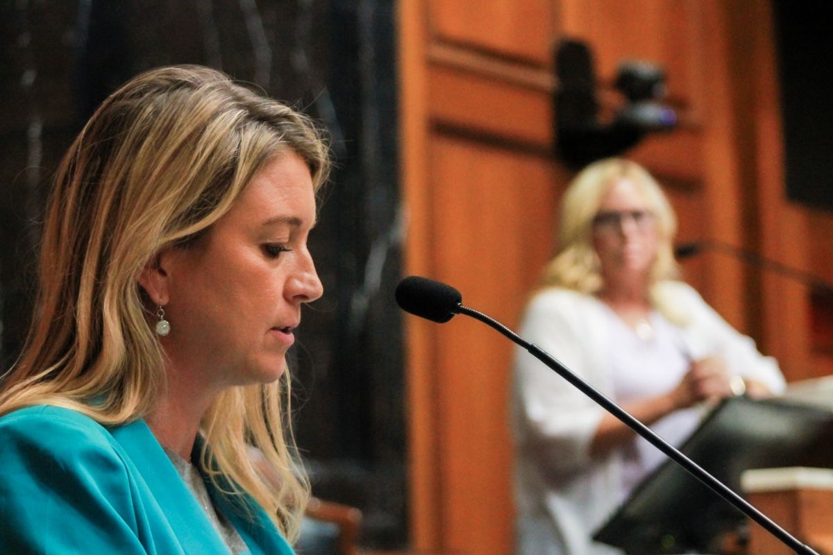 Carissa Siekmann, shown in profile, speaks into a microphone on the House floor.