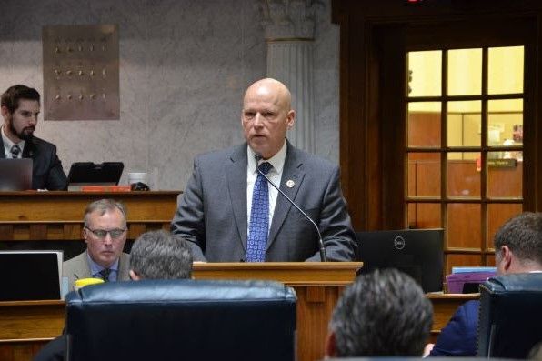 Sen. Mike Crider, R-Greenfield, speaks from the Senate floor during the 2025 legislative session.