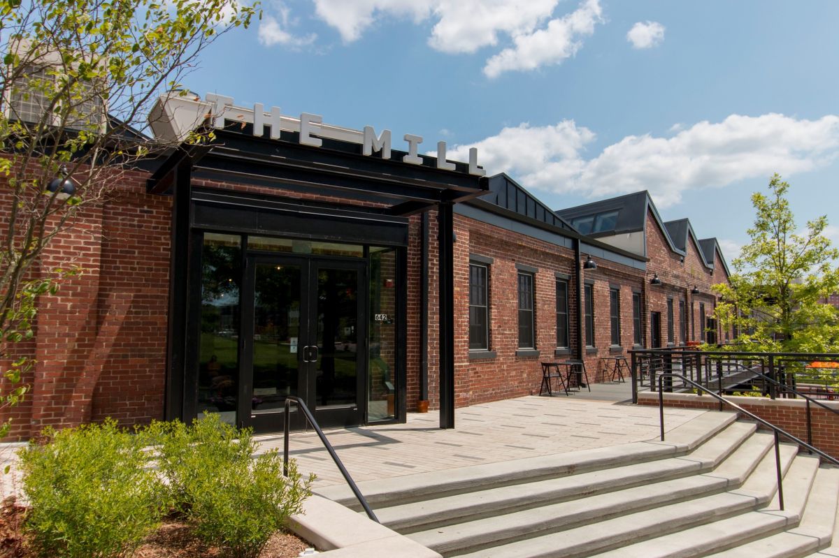 The exterior of the Dimension Mill coworking space in Bloomington.