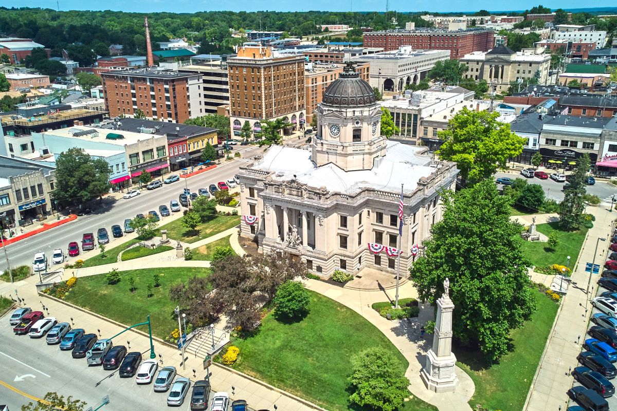 Bloomington Indiana aerial of stunning courthouse on the square