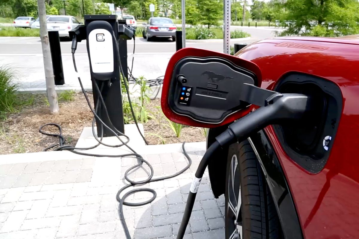 An electric vehicle charging station at Switchyard Park.