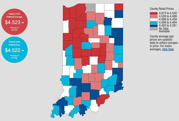 Gas prices continue to rise nationally, with an average of $4.522 a gallon in Indiana