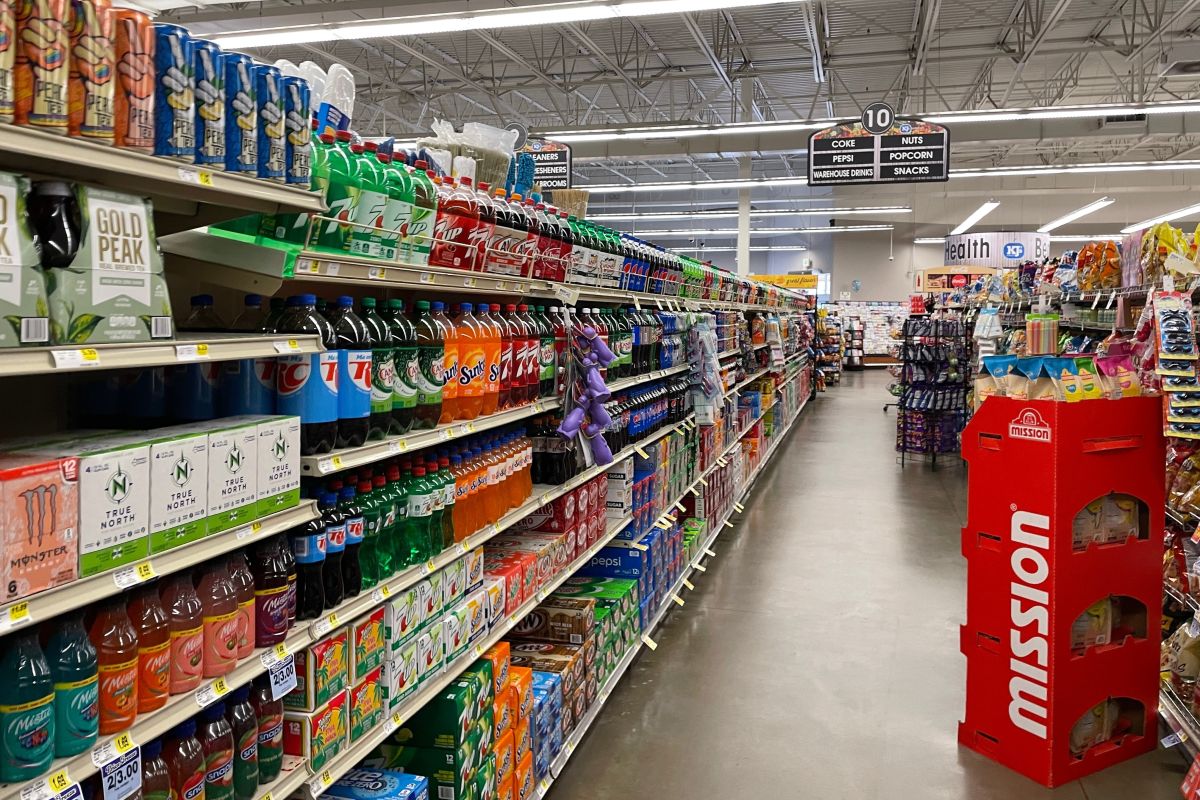 Grocery store soda aisle looking down